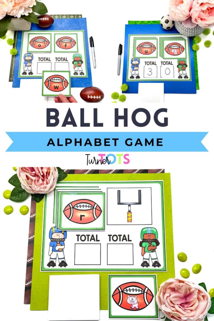 Football alphabet game with lettered football cards and ball hog pig cards as one of our sports literacy activities.