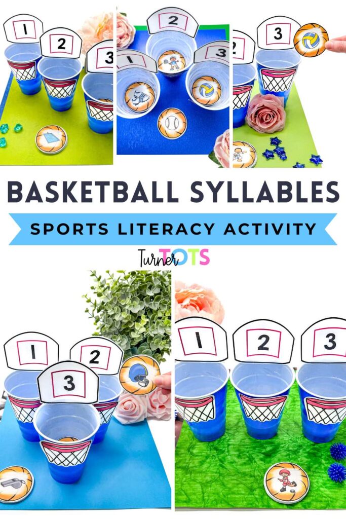 There are three cups with basketball hoops for preschoolers to count the syllables on the basketball cards and shoot them into the matching hoop.