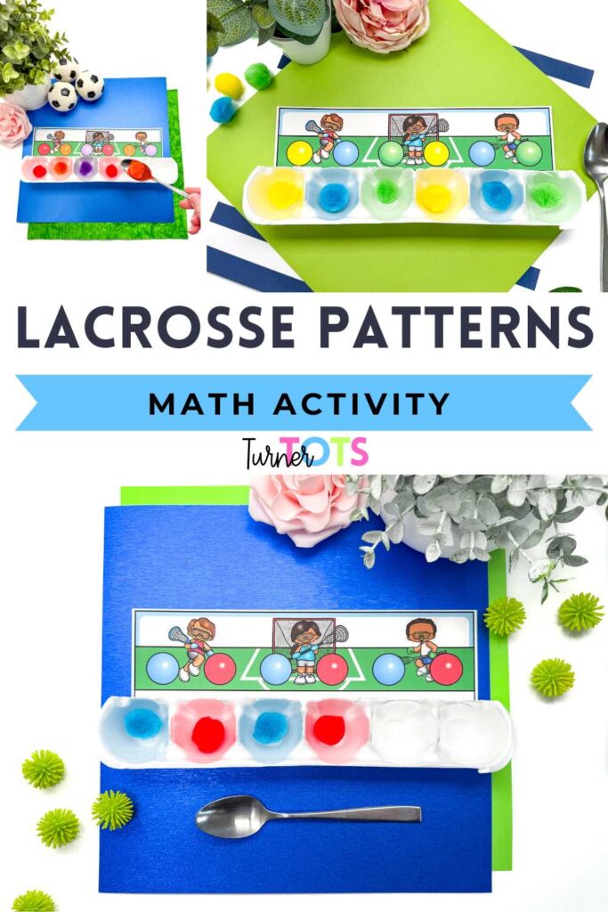 Lacrosse pattern cards for preschoolers to scoop pompoms into an egg carton using a spoon as a lacrosse stick as one of our sports math activities for preschoolers.