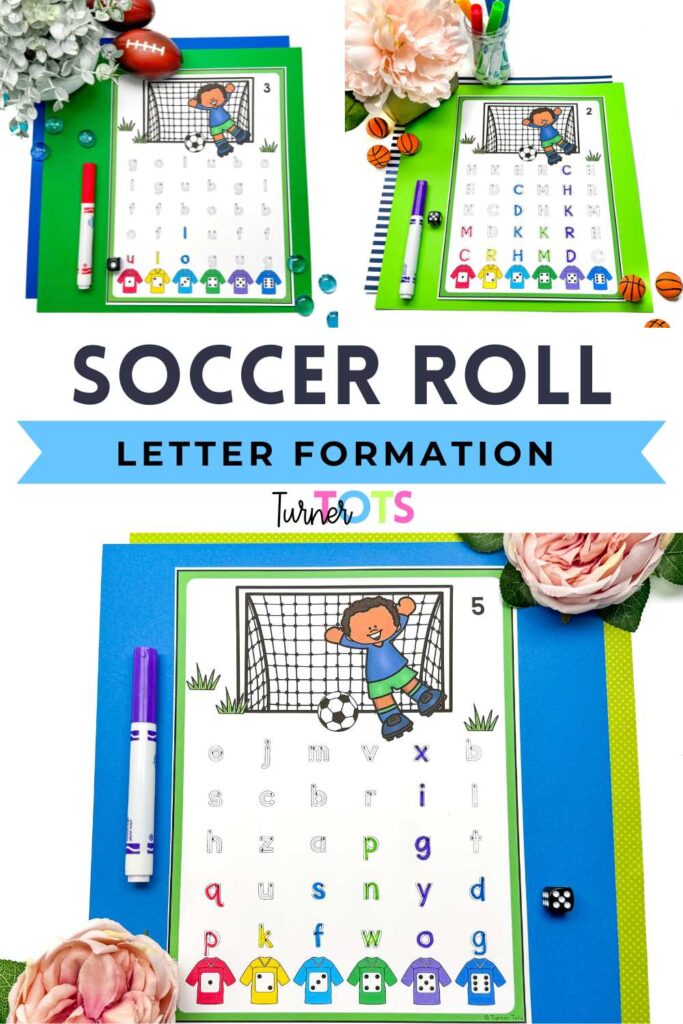 Soccer Roll & Write includes colored jerseys with dice on them for preschoolers to roll the dice and trace the letter above, seeing which color team reaches the goal first.