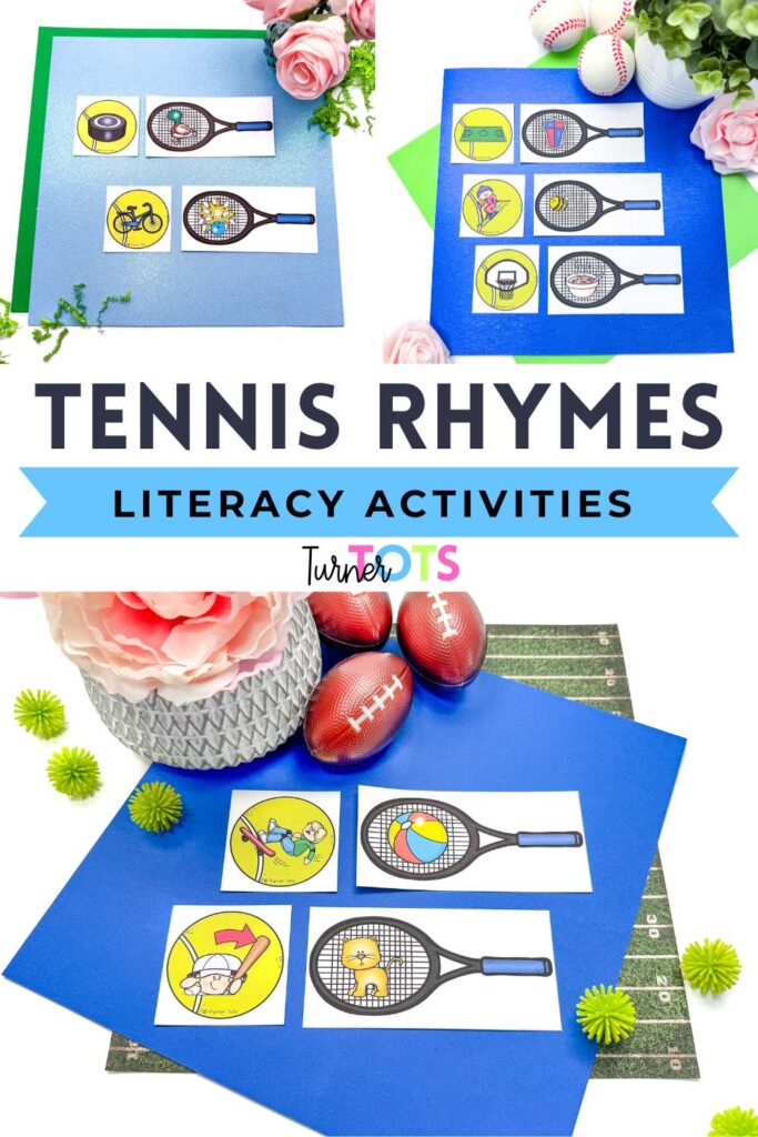 Tennis rackets and balls with rhyming pictures for preschoolers to match up as one of their sports literacy activities.