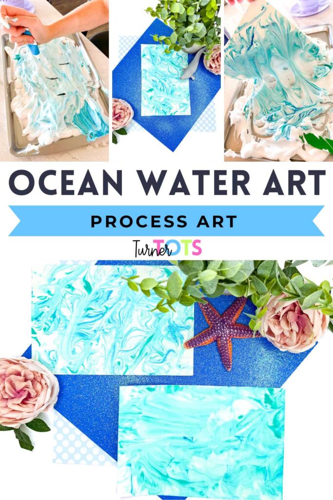 Ocean process art made from swirling food dye in shaving cream.
