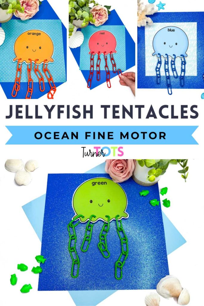 Colored jellyfish for preschoolers to hook matching color linking chains onto as one of our ocean fine motor activities for preschoolers.