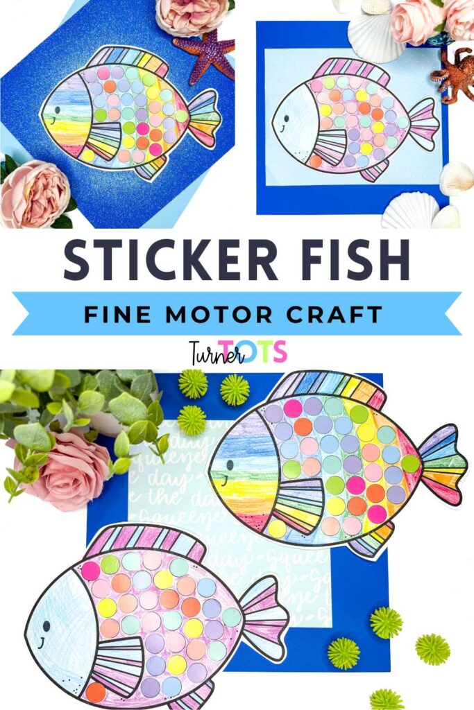 Fish printout decorated with dot stickers to work on fine motor skills.