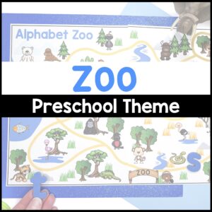 Preschool children exploring zoo theme activities including animal literacy centers, zoo math games, sensory bins, crafts, and hands-on learning activities for preschool and pre-k classrooms.