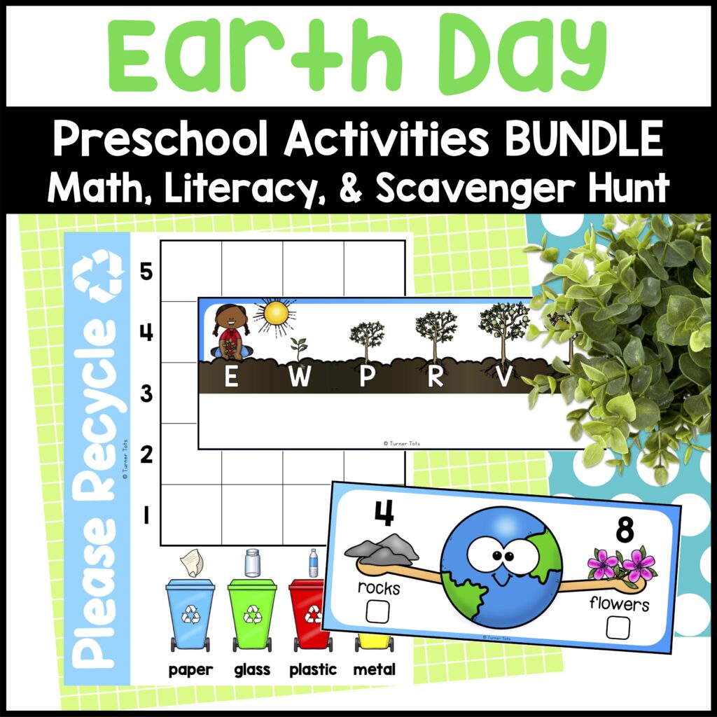 Earth Day Activities for Preschoolers - Recycling Sort Alphabet Math Scavenger Hunt